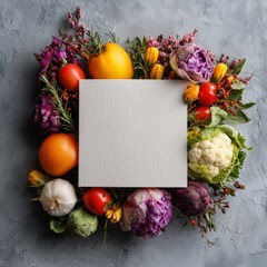 Fresh vegetables and flowers arranged around blank card on gray background