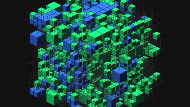 Isometric 3D octree subdivision animation. Recursive data blocks splitting and optimizing in a dark mode UI environment. Seamless loop with breathing zoom for tech backgrounds. 4K UHD.