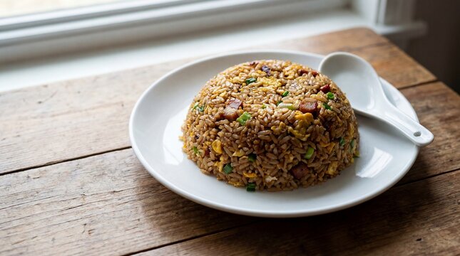 Fried Rice (Chahan) with wok hei char, piled in a dome shape, Chinese spoon on side. copy space for text
