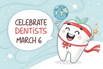 Cheerful cartoon molar tooth character celebrating the annual national dentist day holiday on march sixth with a celebratory globe and magic wand