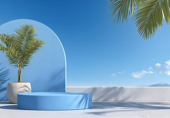 Blue pedestal with a palm tree in a white pot