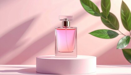 Elegant Perfume Bottle With Pink Gradient Liquid On A Pedestal With Soft Shadows And Green Leaves