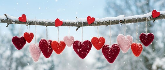 Hanging felt hearts in shades of red and pink adorn a snow covered tree branch outdoors during a gentle snowfall in winter love valentine decoration romance holiday season celebration