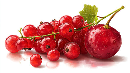 A bunch of red currants with water droplets on a white background