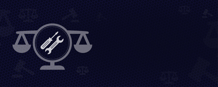 Law and justice scales with mechanical tools vector illustration representing product liability and repair rights with copy space for technical service legislation and engineering