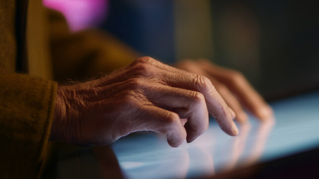 Elderly hand technology touch screen closeup guidance digital kiosk interface modern connection - Powered by Adobe