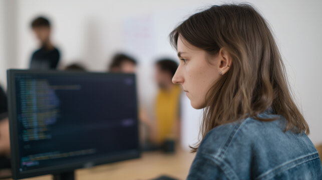 Female programmer coding in office modern workspace focused woman developer computer screen software engineer typing team collaboration - Powered by Adobe