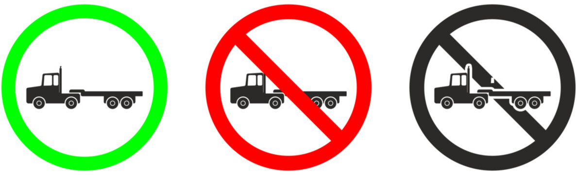 Tractor trailer road signs with allowed and no entry circles in vector style | Heavy transport vehicle regulatory icons for shipping and hauling safety