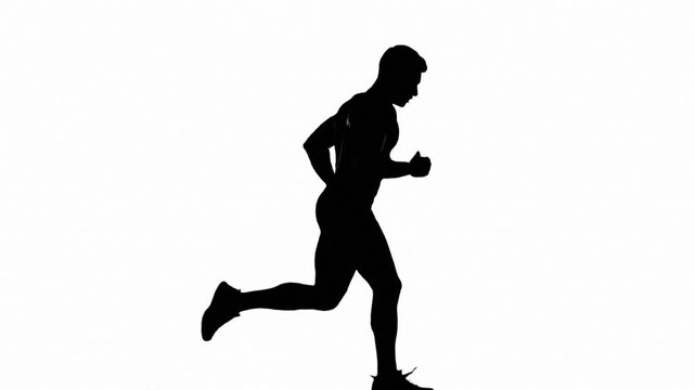 A powerful silhouette of a male runner captured in dynamic motion against a clean white background.