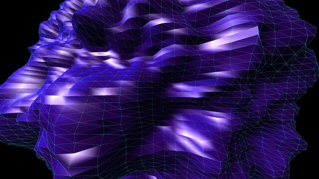 Abstract boiling purple sphere with teal wireframe overlay. Pulsating 3D organic distortion loop representing financial market volatility, unstable economy, or crypto bubble. Seamless 4K.