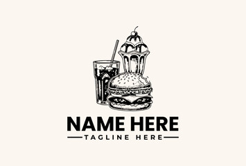 Obraz premium A black and white illustration of a burger, fries, and drink with a logo template on a clean white background.