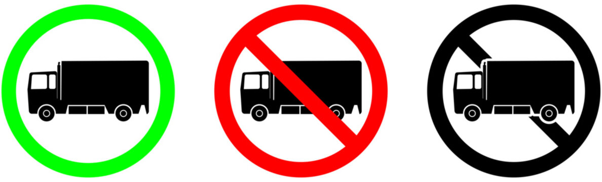 Set of flat-nose delivery truck signs for permitted and prohibited entry | Heavy lorry restriction and permission icons for traffic regulation