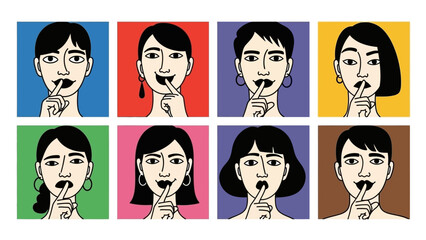 Eight diverse individuals, each with a finger to their lips, signaling silence or secrecy against colorful backgrounds.