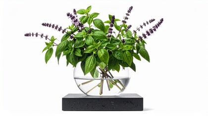 Fresh Green Basil Plant With Purple Flowers In A Glass Bowl On A Dark Stone Slab