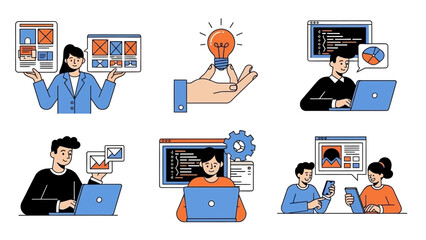 Illustrations depicting people engaged in various digital and creative tasks, including web design, coding, and idea generation.