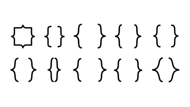 Set of various black curly bracket symbols and punctuation marks arranged in two rows on a white background.