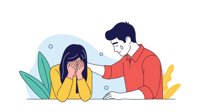 Emotional illustration of a man comforting a crying woman by placing a supportive hand on her shoulder.