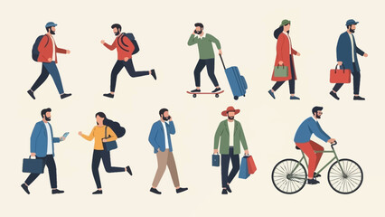 A diverse collection of people engaged in various daily activities, including walking, running, cycling, and commuting with luggage.