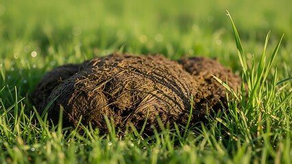 Obraz premium Macro View of Cow Manure on Green Pasture Grass, Organic Fertilizer Concept in India