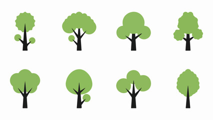 Collection of stylized green trees with simple black trunks isolated on white background, Vector, illustration