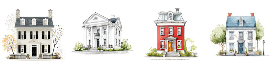 Watercolor House Illustrations: Architectural Styles Collection