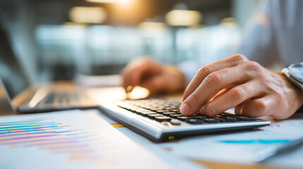 Fototapeta premium A person's hands typing on a calculator with papers and a laptop nearby
