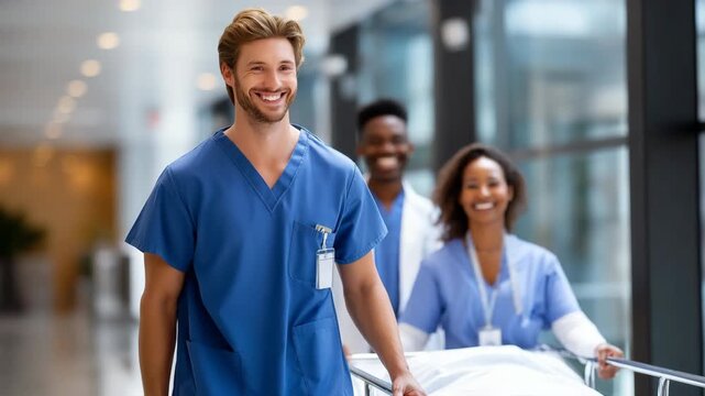 Caucasian male nurse leading healthcare team with stretcher in hospital corridor