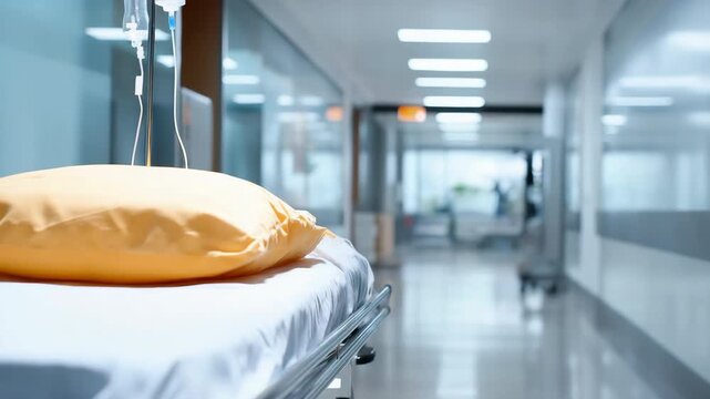 Empty hospital corridor with gurney and pillow in modern medical facility