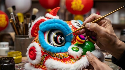 Traditional Chinese Lion Head Hand-Painting by Artisan