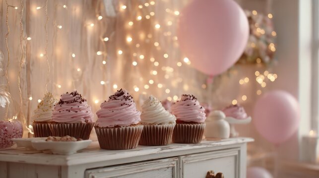 Delicate pink frosted cupcakes arranged on a white dresser with soft bokeh fairy lights and pink balloons creating a whimsical celebration atmosphere