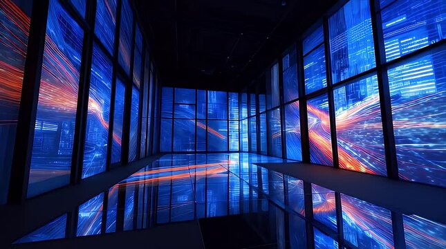 近未来的な部屋の窓に青とオレンジの光のストリームが反射する高速通信のシネマティック映像