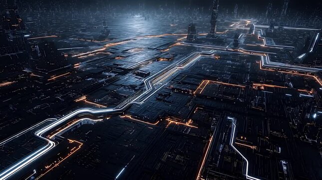 青白く光るデジタル回路が暗闇の未来都市を構成するデータ伝送シネマティック映像