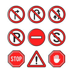 Collection Of Prohibition And Safety Road Signs For Traffic Compliance And Caution Symbols