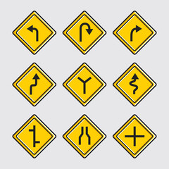 Set Of Yellow Diamond Road Signs With Various Curves And Arrows For Traffic Safety