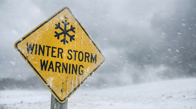 Yellow winter storm warning road sign with snowflake in heavy snow