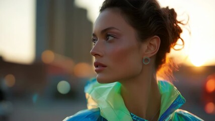 Young caucasian female in iridescent jacket at sunset urban scene - Powered by Adobe