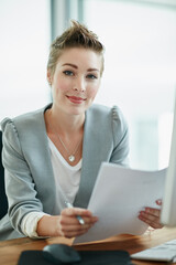 Happy, business woman and documents in office for risk assessment, policy management or planning....