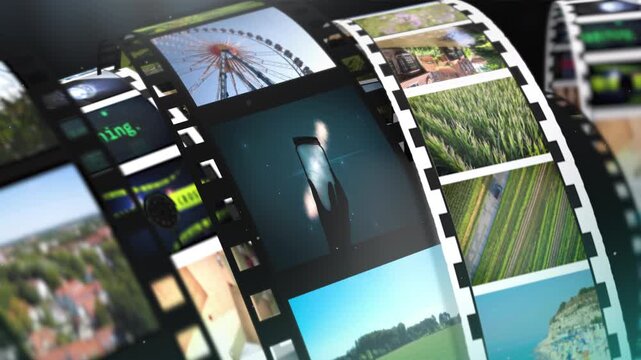 Dynamic retro film reel animation showcasing multiple photographic scenes, floating frames, and soft light particles, designed as an elegant background for storytelling, media intr