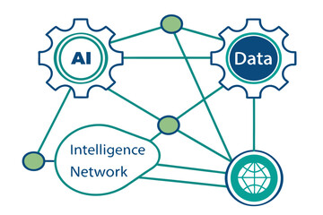 A vector graphic illustrating the connection between artificial intelligence, data, and global intelligence network