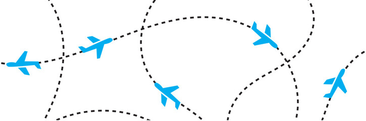 Airplane flight routes travel pattern background. Seamless aviation themed background with airplane icons and dotted flight paths, representing air travel, global transportation. © KD Vector Studio