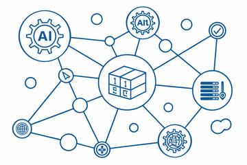 A vector graphic illustrating a network of interconnected technology and artificial intelligence icons