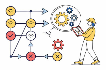 A vector graphic illustration of a person analyzing a flowchart with gears and Wi-Fi symbols