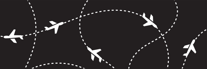 Airplane flight routes travel pattern background. Seamless aviation themed background with airplane icons and dotted flight paths, representing air travel, global transportation. © KD Vector Studio
