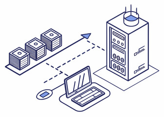 A vector graphic illustration of a computer system transferring money