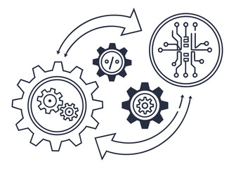 A vector graphic illustrating a cyclical process of gears and circuit boards in a modern design