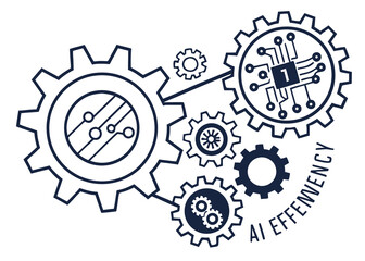 A vector graphic illustration of interconnected gears and cogs with a microchip representing AI efficiency and technological innovation