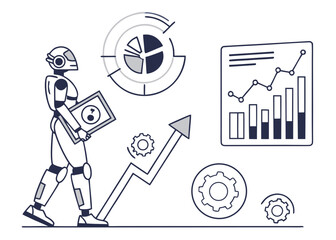 A robot holding a tablet with various graphs and charts around it, representing business analytics and technology
