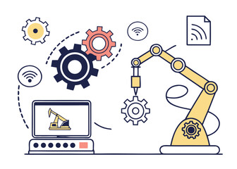 A vector graphic illustration of a robotic arm and laptop with gears and Wi-Fi symbols