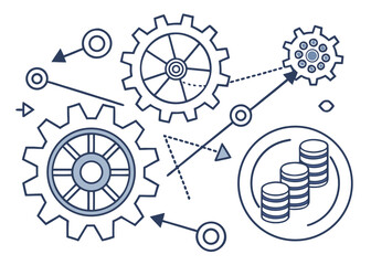 A vector graphic illustration of interconnected gears and coins representing business and finance concepts