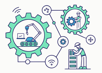 A vector graphic illustrating industrial automation and manufacturing with gears, robots, and workers